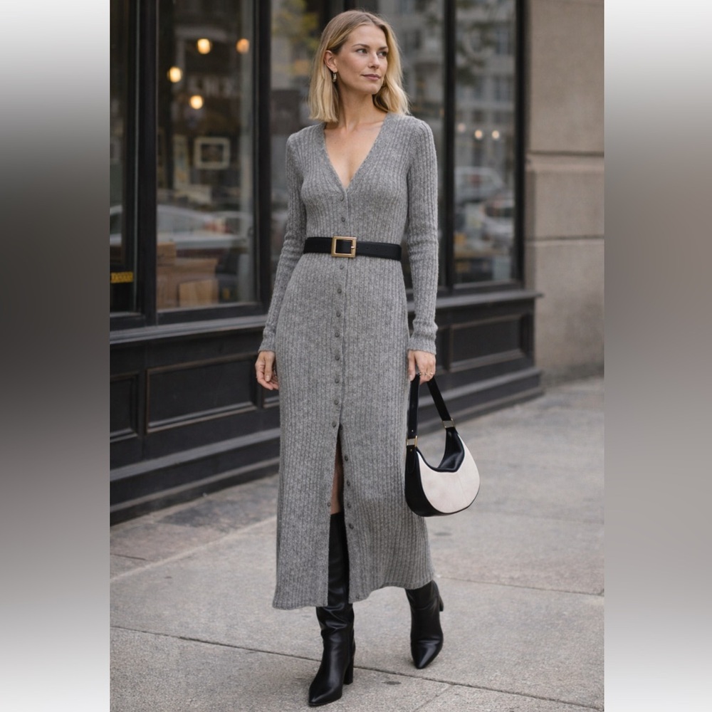 NWT STAUD Shoko Cashmere Rib Knit Sweater Dress in Heather Grey Sz S - Picture 3 of 16